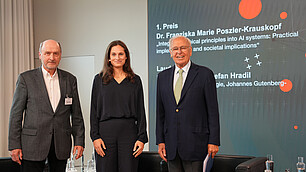 Den ersten Preis erhält Franziska-Maria Poszler-Krauskopf von Laudator Stefan Hradil und Randolf Rodenstock.